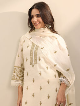 Libas - Olive Floral Kurta with Pant and Dupatta (Set of 2)
