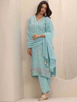 Libas - Blue Floral Kurta with Pant and Dupatta (Set of 2)