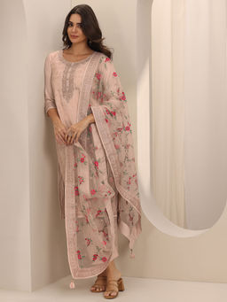 Libas - Peach Floral Kurta with Pant and Dupatta (Set of 2)