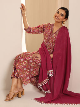 Libas - Red Floral Kurta with Pant and Dupatta (Set of 2)