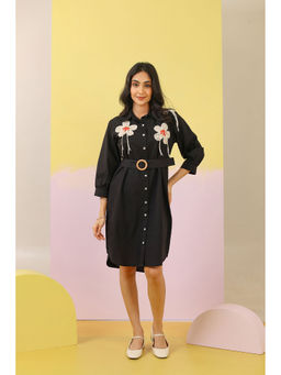 Autumnlane - Black Floral Dress and Belt (Set of 2)