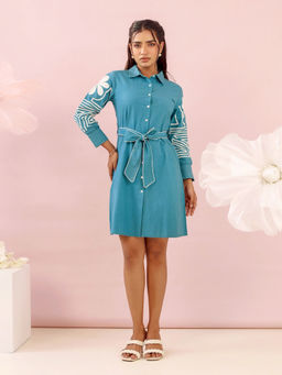 Autumnlane - Blue Floral Dress and Belt (Set of 2)