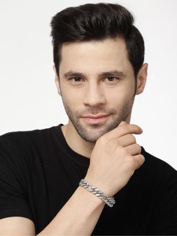 Gahan - Mens Silver Plated Stainless Steel American Diamond Studded Link Bracelet