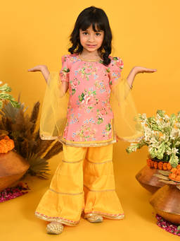 SAKA DESIGNS - Floral Pink Kurta With Yellow Tierd Cotton Sharara (Set of 3)