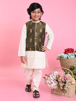 SAKA DESIGNS - Boys Off White Cotton Kurta and Pyjama with Jacket (Set of 3)