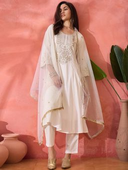 KVS FAB - Off White Legend Zari Sequence Embroidered Kurta with Pant and Dupatta (Set of 3)