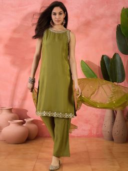 KVS FAB - Parrot Green Santoon Zari Sequence Embroidered Kurta with Palazzo and Dupatta (Set of 3)