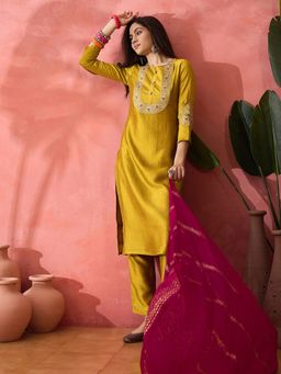 KVS FAB - Mustard Vichitra Zari Sequence Embroidered Kurta with Pant and Dupatta (Set of 3)