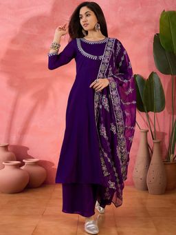 KVS FAB - Purple Vichitra Zari Embroidered Front Slit Kurta with Palazzo and Dupatta (Set of 3)