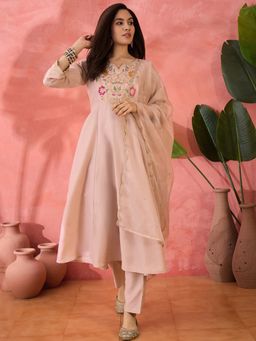 KVS FAB - Beige Bitaliyan Zari Sequence Embroidered Kurta with Pant and Dupatta (Set of 3)