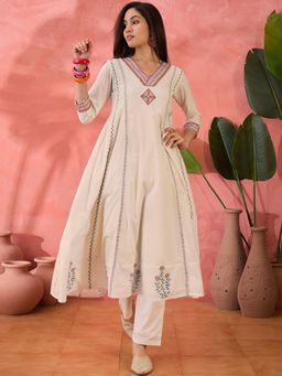 KVS FAB - White Thread Sequence Embroidery with Foil Printed Kurta with Pant (Set of 2)