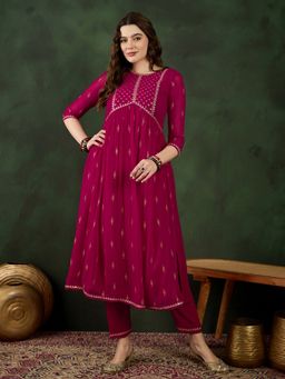 KVS FAB - Raani Pink Georgette Zari Embroidery Alia Cut Kurta with Pant (Set of 2)