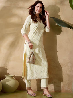KVS FAB - Cream Dchinon Zari Cording Embroidery and Foil Printed Kurta with Pant (Set of 2)