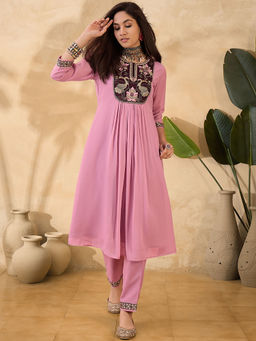 KVS FAB - Light Pink Star Georgette Zari Sequence Embroidered Kurta Pant (Set of 2)