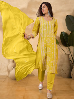 KVS FAB - Yellow Dchinon Rubber Printed Kurta with Pant and Dupatta (Set of 3)