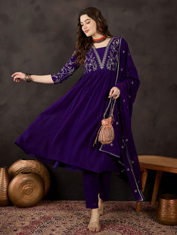 KVS FAB - Purple Georgette Zari Embroidered Kurta with Pant and Dupatta (Set of 3)