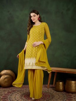KVS FAB - Yellow Georgette Thread Sequence Embroidered Kurta with Sharara and Dupatta (Set of 3)