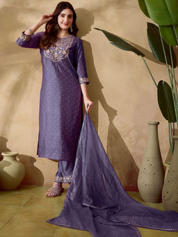 KVS FAB - Lavender Vichitra Zari Embroidery Kurta with Pant and Jacquard Dupatta (Set of 3)