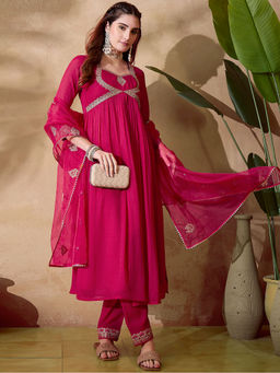 KVS FAB - Rani Pink Zari Embroidered Alia Cut Kurta with Pant and Dupatta (Set of 3)