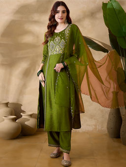 KVS FAB - Green Vichitra Zari Kurta with Pant and Organza Dupatta (Set of 3)