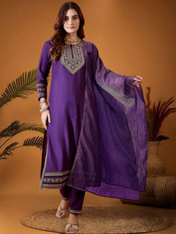 KVS FAB - Purple Zari Embroidered Kurta with Pant and Dupatta (Set of 3)
