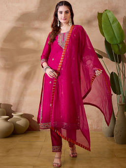 KVS FAB - Rani Pink Dchinon Zari Sequence Embroidered Kurta with Pant and Dupatta (Set of 3)