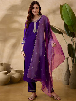 KVS FAB - Purple Vichitra Zari Sequence Embroidered Kurta with Pant and Dupatta (Set of 3)