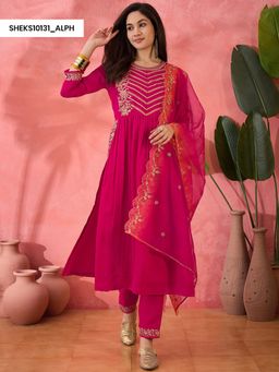 KVS FAB - Rani Zari Cording Embroidered Kurta with Pant and Organza Dupatta (Set of 3)