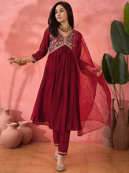 KVS FAB - Maroon Vichitra Zari Cording Embroidered Kurta with Pant and Dupatta (Set of 3)