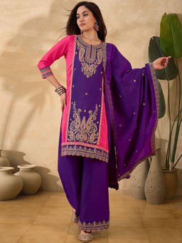 KVS FAB - Purple Pink Vichitra Zari Embroidered Kurta with Palazzo and Dupatta (Set of 3)
