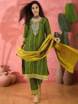 KVS FAB - Green Zari Embroidery with Gotapatti Lace Kurta with Pant and Dupatta (Set of 3)