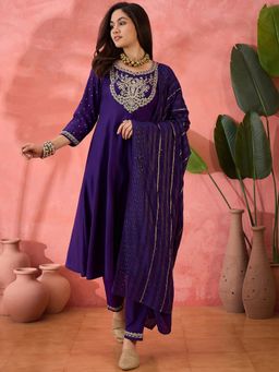 KVS FAB - Purple Zari Embroidery with Foil Printed Kurta with Pant and Dupatta (Set of 3)