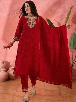 KVS FAB - Red Georgette Zari Embroidery Kurta with Pant and Dupatta (Set of 3)