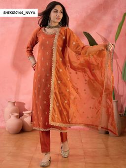KVS FAB - Orange Zari Embroidery with Foil Printed Kurta with Pant and Dupatta (Set of 3)