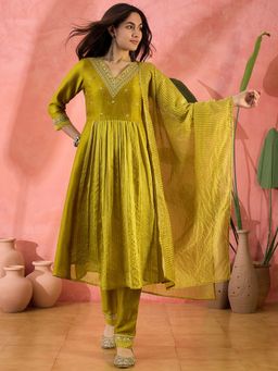 KVS FAB - Mustard Vichitra Zari Embroidered Naira Cut Kurta with Pant and Dupatta (Set of 3)