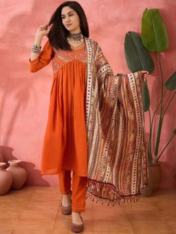 KVS FAB - Orange Thread Mirror Work Embroidered Alia Cut Kurta with Pant and Dupatta (Set of 3)