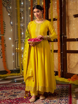 KVS FAB - Yellow Zari Embroidery with Mirror Work A Line Kurta with Pant and Dupatta (Set of 3)