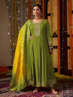 KVS FAB - Green Zari Embroidery with Mirror Work A Line Kurta with Pant and Dupatta (Set of 3)