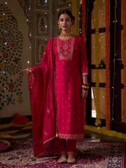 KVS FAB - Maroon Zari Mirror Embroidery Kurta with Pant and Dupatta (Set of 3)