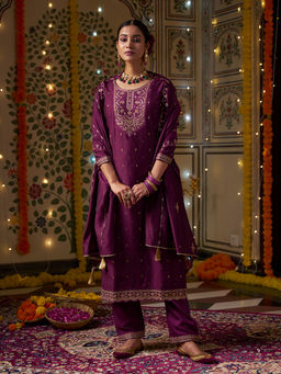 KVS FAB - Wine Zari Mirror Embroidery Kurta with Pant and Dupatta (Set of 3)