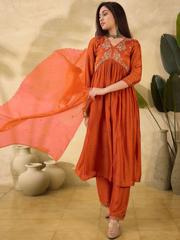 KVS FAB - Orange Vichitra Zari Embroidery Top with Palazzo and Cut Work Dupatta (Set of 3)