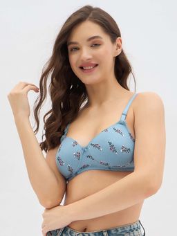 Clovia - Cotton Floral Padded Full Cup Wire Free T-shirt Bra - Blue