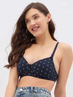 Clovia - Polyamide Floral Padded Full Cup Wire Free T-shirt Bra - Navy Blue