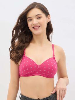 Clovia - Cotton Printed Padded Full Cup Wire Free T-shirt Bra - Pink