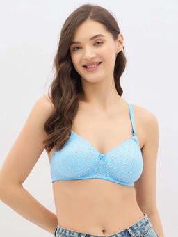 Clovia - Cotton Printed Padded Full Cup Wire Free T-shirt Bra - Blue