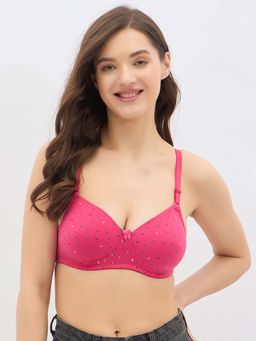 Clovia - Cotton Floral Padded Full Cup Wire Free T-shirt Bra - Pink