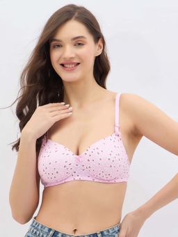 Clovia - Cotton Floral Padded Full Cup Wire Free T-shirt Bra - Pink