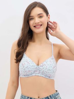 Clovia - Cotton Spandex Floral Padded Full Cup Wire Free T-shirt Bra - Aqua