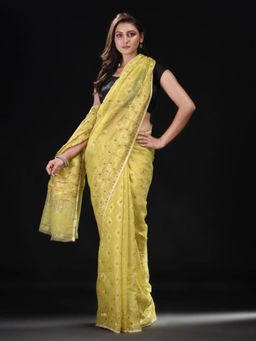 Beatitude - Yellow Cotton Silk Woven Jacquard Jamdani Saree with Unstitched Blouse