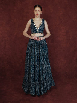 Neha Khullar - Printed Lehenga - Navy Blue (Set of 3)